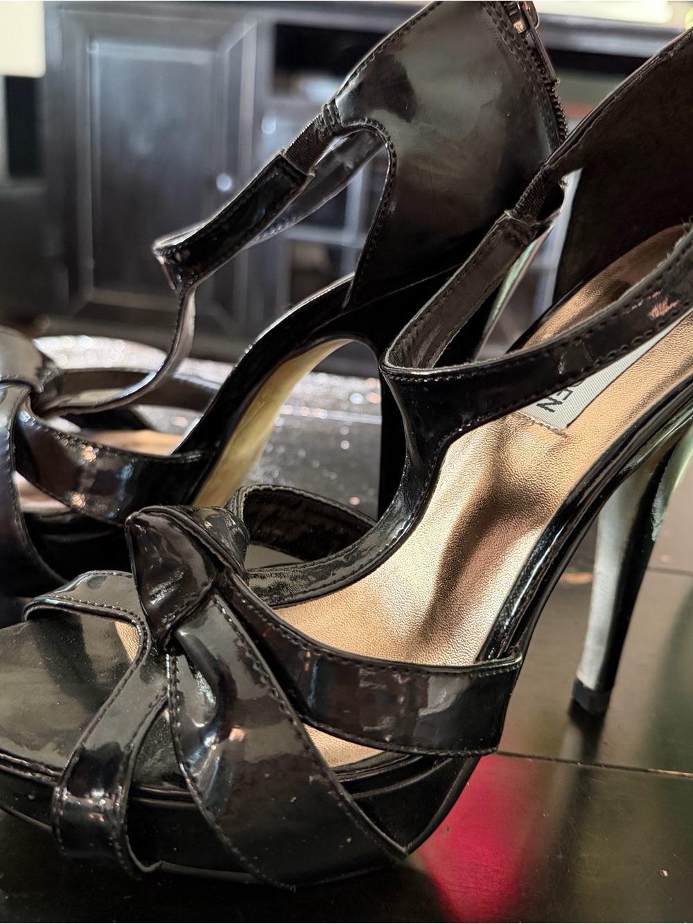 Steve Madden Black Patent High Heel Sandals with Knot Front- literally worn once